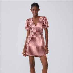 Zara red gingham mini belted dress